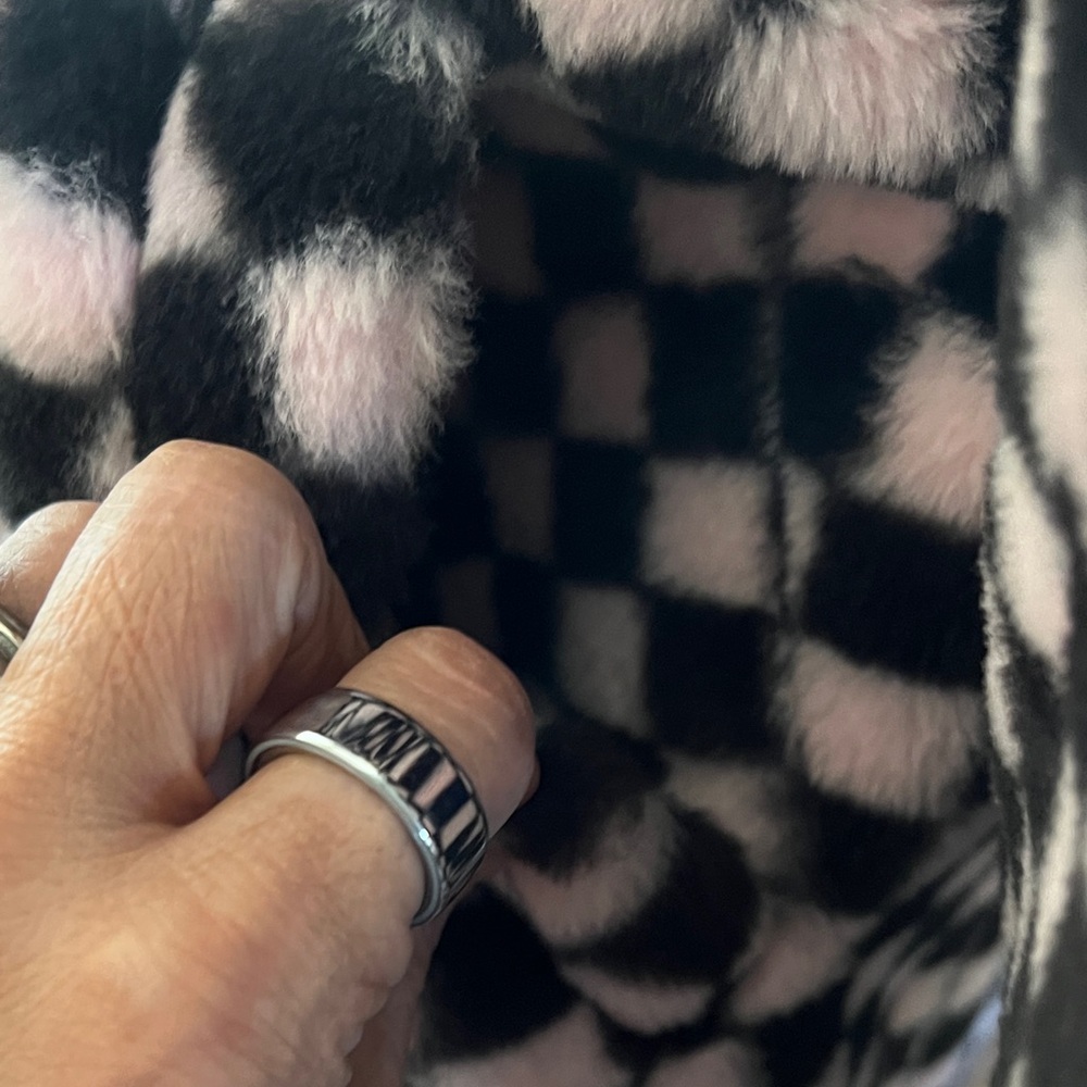 Checkerboard Faux Fur Pea Coat - Pink & Black - Picture 4 of 7
